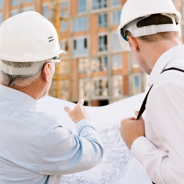 Two men in hard hats examining a blueprint at an industrial construction site.