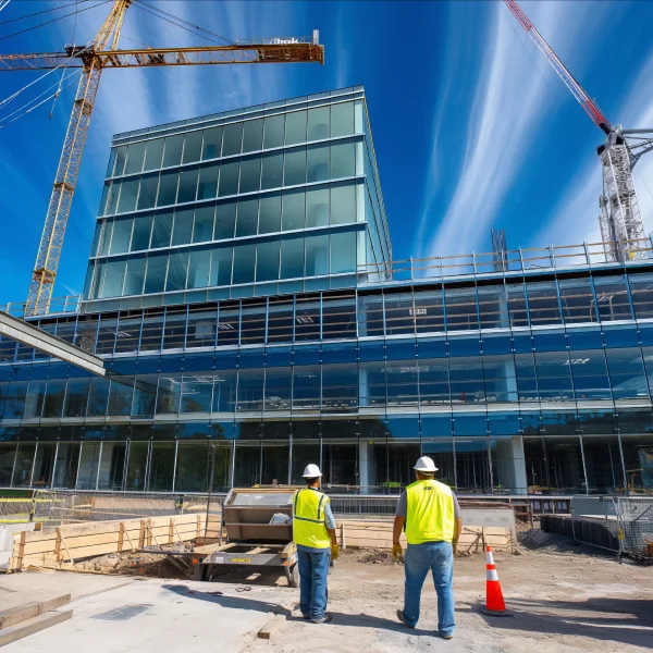 Construction workers in hard hats stand in front of an industrial building under construction, showcasing teamwork and progress.