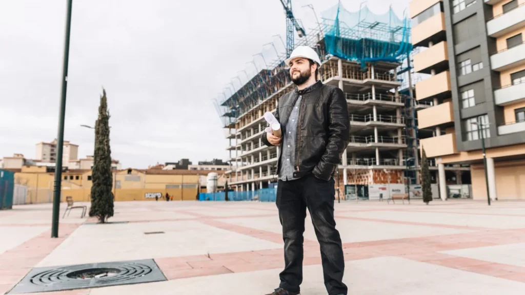 A man in a hard hat stands in front of an industrial construction building, overseeing the project.