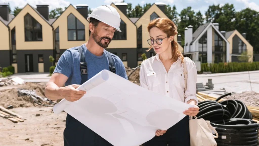 A man and woman stand in front of a new home in Granby, holding construction plans and discussing the project.