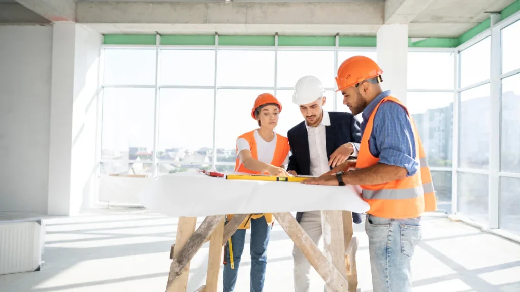 Three workers in hard hats collaborating on a construction site for a building project.