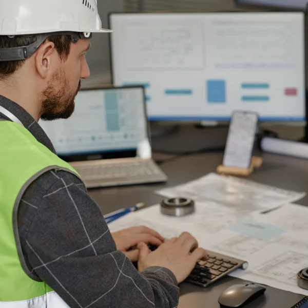 A man in a hard hat and safety vest working on a computer at a construction project site.