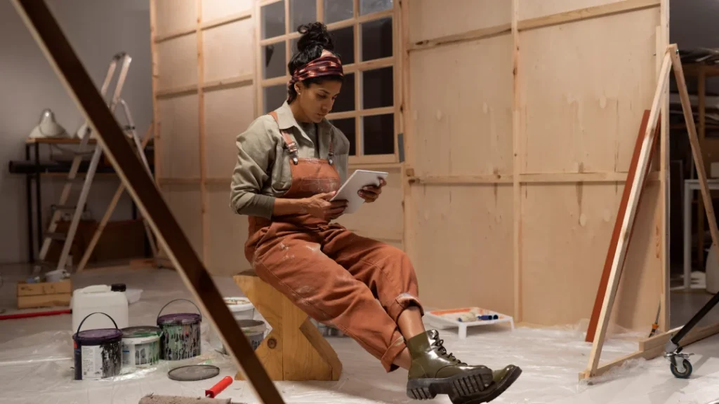 A woman sitting on a stool surrounded by paint and tools in a room, engaged in home renovation work.
