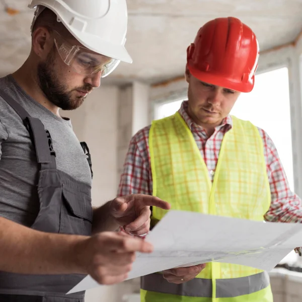 Two men in hard hats and safety glasses examining a blueprint at a construction site for a renovation project.