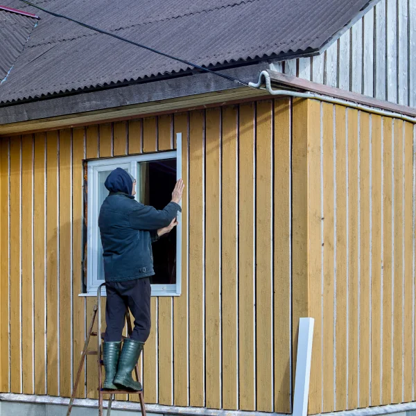 A man painting the facade of a house, showcasing a transformation of the home's exterior appearance.