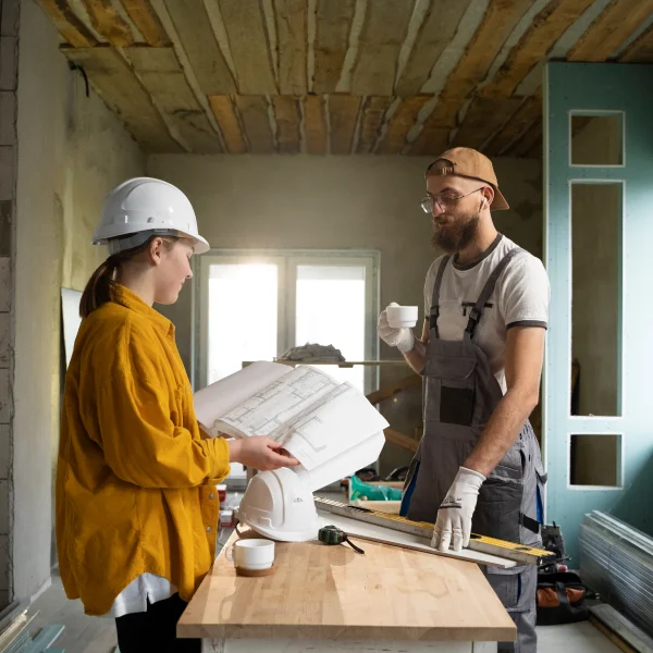 Un homme et une femme en vêtements de travail de construction se tiennent devant une table à Granby.