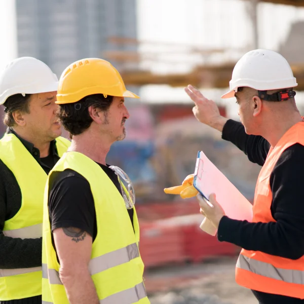 Homme en gilet jaune, entrepreneur en rénovation, se tenant debout sur un chantier.