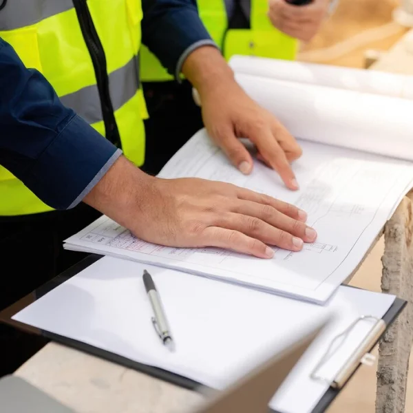 Deux travailleurs de la construction collaborent sur un projet, respectant le Code de construction du Québec.